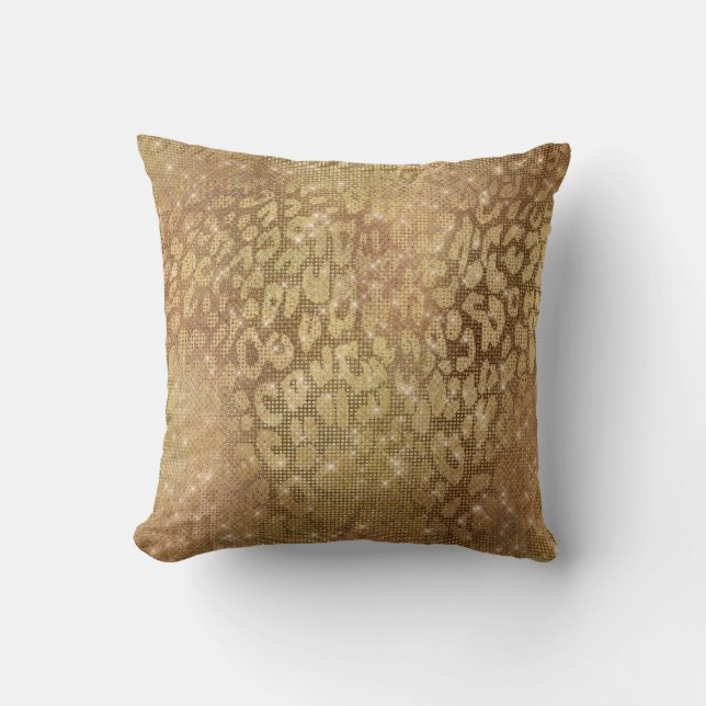 Shiny Glam Gold Metallic Steel Leopard Animal Skin Cushion (Front)