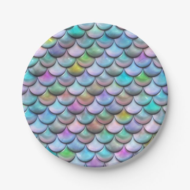 Shiny glossy pearlescent colourful mermaid scales paper plate (Front)