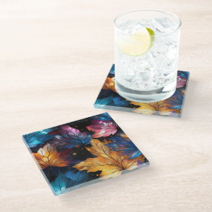 SHINY GLOWING COLORFUL FALL LEAVES GLASS COASTER