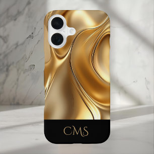 Shiny Gold Abstract Sleek Black Monogrammed iPhone 16 Case