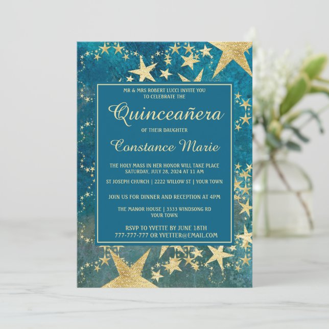Shiny Gold and Blue Quinceanera Invitation (Standing Front)