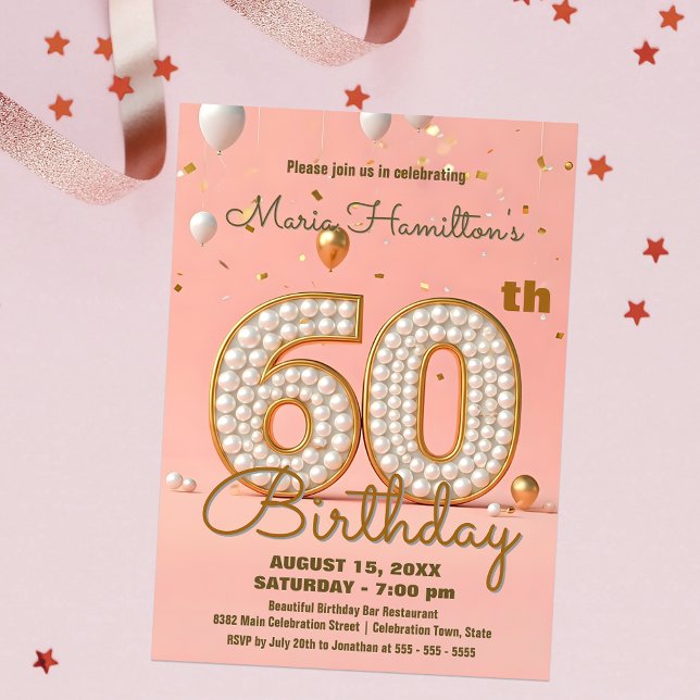Shiny Gold and Soft Pink 60th Birthday Celebration Invitation (Creator Uploaded)