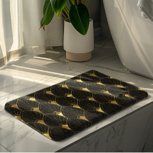 Shiny Gold Art Deco Pattern On Black Background Bath Mat