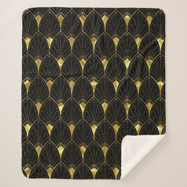Shiny Gold Art Deco Pattern On Black Background Sherpa Blanket (Front)
