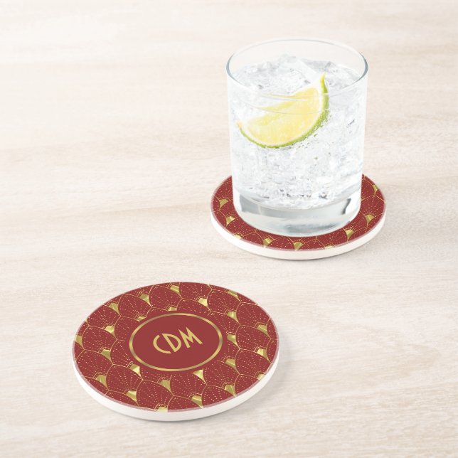 Shiny Gold Art Deco Pattern On Red Background Coaster (Side)
