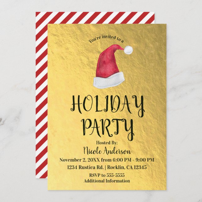 Shiny Gold Christmas Holiday Party Red Santa Hat Invitation (Front/Back)