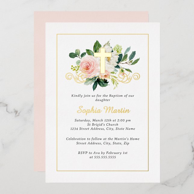 Shiny Gold Cross Pretty Pink Floral Baptism (Front/Back)