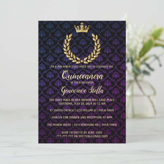 Shiny Gold Crown Quinceanera Invitation (Standing Front)