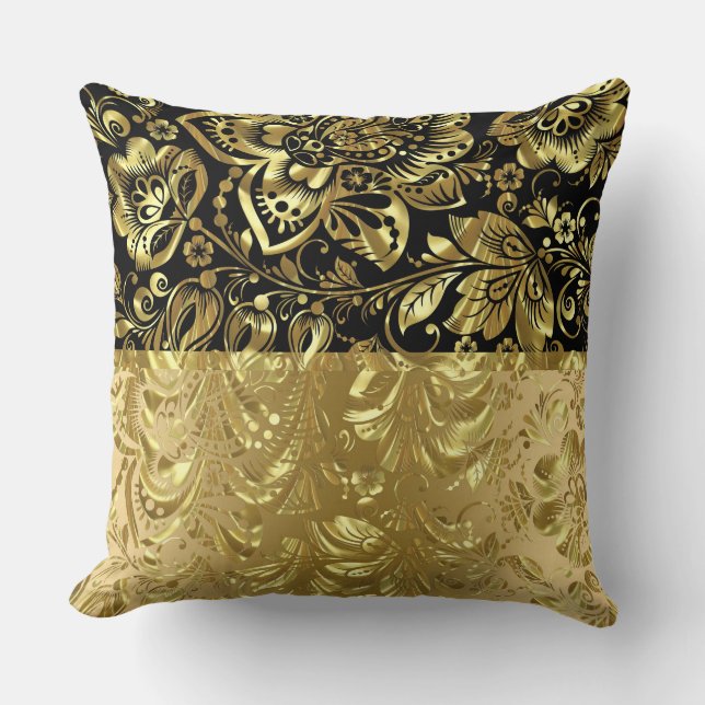 Shiny Gold Damasks Black Accent Cushion (Front)