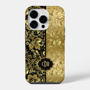 Shiny Gold Damasks On Black Background iPhone 14 Pro Case