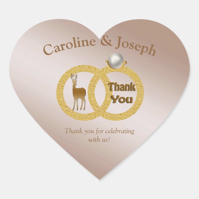 Shiny Gold Deer in a Wedding Pearl Ring Thank You Heart Sticker (Front)