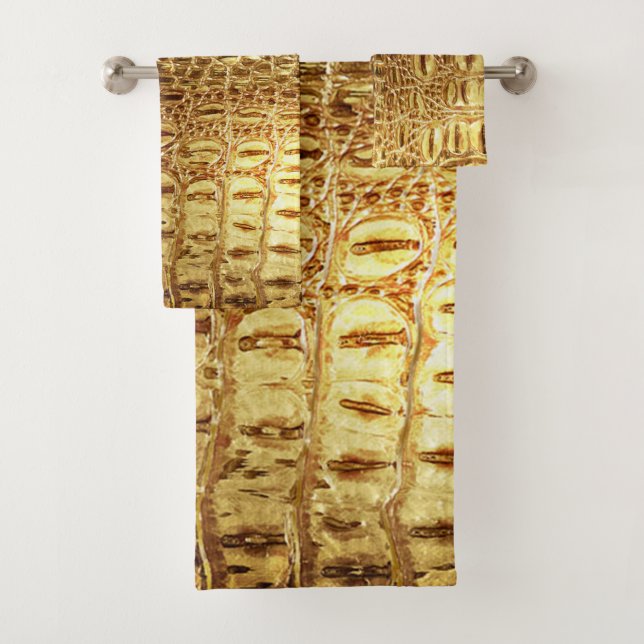 Shiny Gold Designer Alligator Crocodile Skin Bath Towel Set (Insitu)