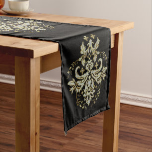 Shiny Gold & Diamonds Glitter Floral Ornament Long Table Runner