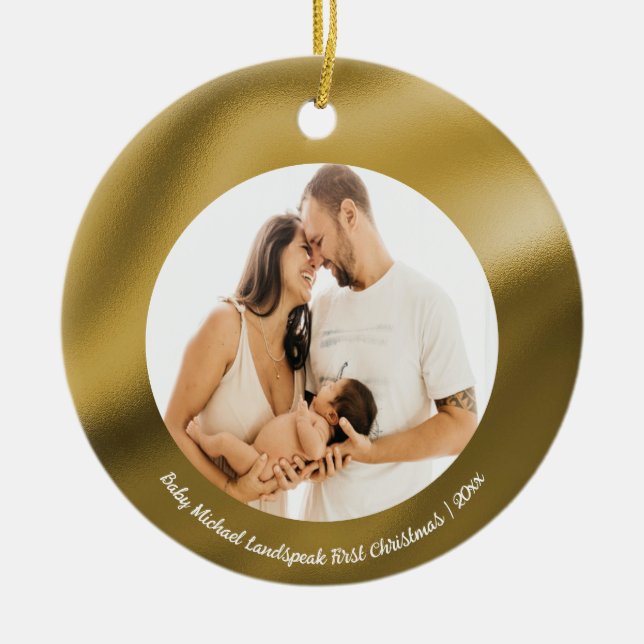 Shiny Gold Foil, Baby 1st Christmas Ceramic Ornament (Front)