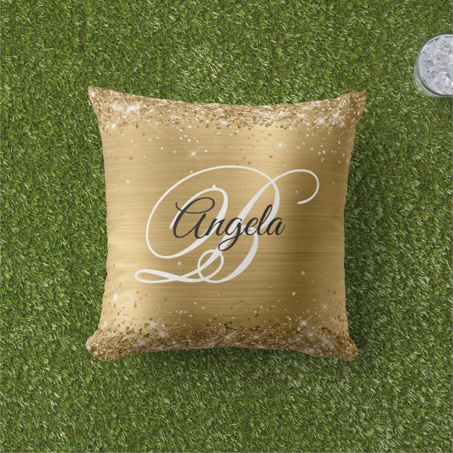 Shiny Gold Glitter Foil Fancy Monogram Cushion (Grass)