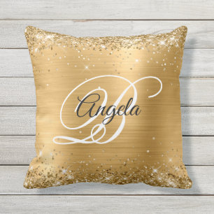 Shiny Gold Glitter Foil Fancy Monogram Cushion