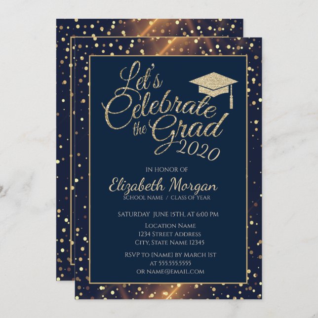 Shiny Gold Glitter Graduation Cap, Dots,Navy Blue Invitation (Front/Back)