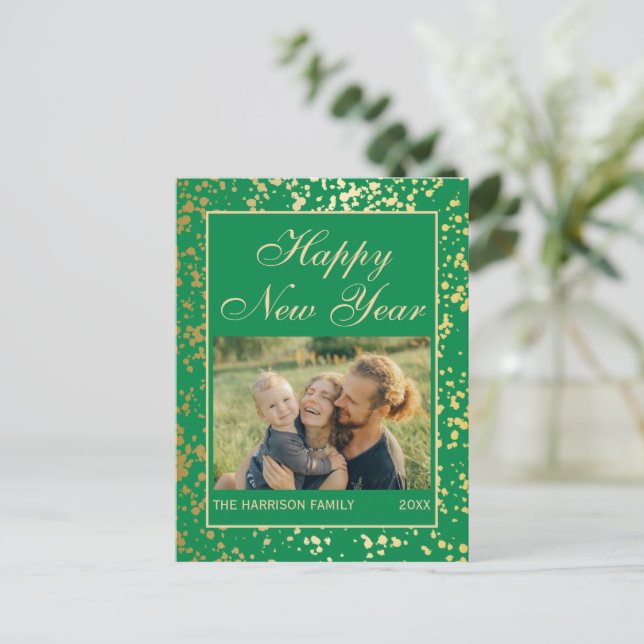 Shiny Gold Glitter New Year Photo Green Postcard (Standing Front)