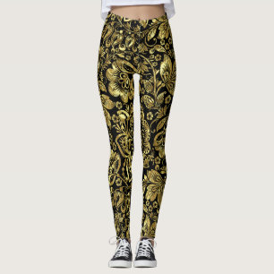 Shiny Gold On Black Floral Damasks Pattern Leggings