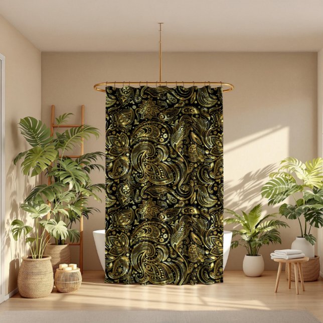 Shiny gold paisley on a black background shower curtain (Creator Uploaded)