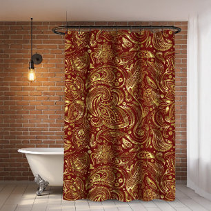 Shiny gold paisley on a dark red background shower curtain
