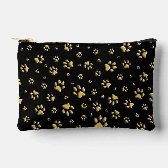 Shiny Gold Paws black Background Print Pattern Accessory Pouch (Front)