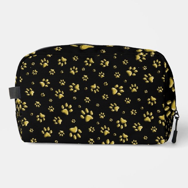 Shiny Gold Paws black Background Print Pattern Dopp Kit (Front)