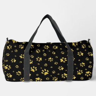 Shiny Gold Paws black Background Print Pattern Duffle Bag