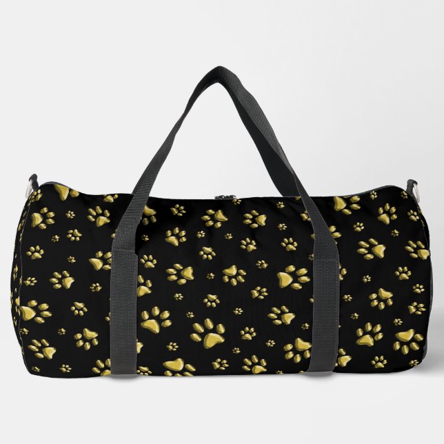 Shiny Gold Paws black Background Print Pattern Duffle Bag (Front)