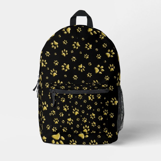 Shiny Gold Paws black Background Print Pattern Printed Backpack (Front)
