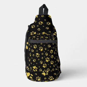 Shiny Gold Paws black Background Print Pattern Sling Bag
