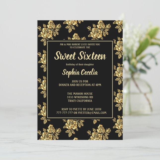 Shiny Gold Rose Sweet 16 Invitation (Standing Front)