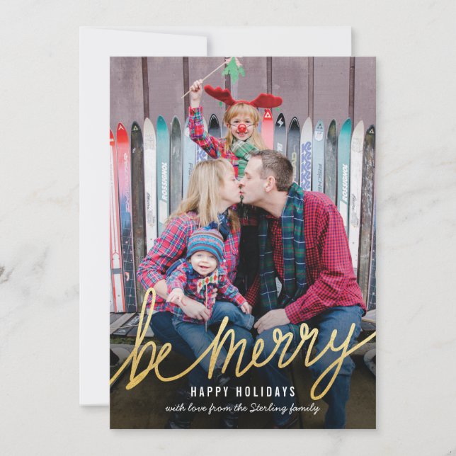 Shiny Gold Script Classic Christmas Photo Cards (Front)
