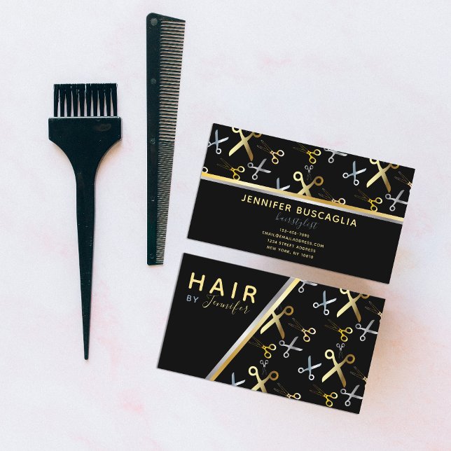 Shiny Gold & Silver Scissors Pattern Hairstylist Business Card (Creator Uploaded)