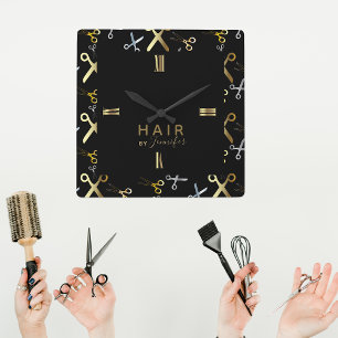 Shiny Gold & Silver Scissors Pattern Hairstylist Square Wall Clock