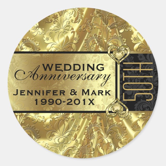 Shiny Gold & Sparkles 50th Wedding Anniversary Classic Round Sticker (Front)