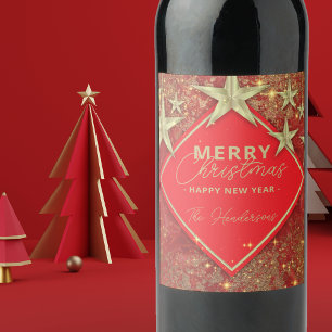 Shiny Gold Stars and Glitter Red Christmas Holiday Wine Label