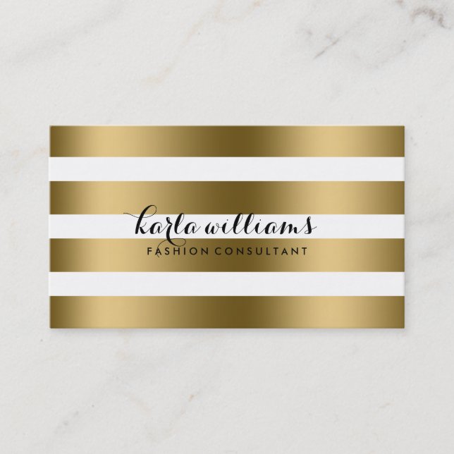 Shiny Gold & White Stripes Modern Pattern Business Card (Front)