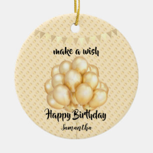Shiny Golden Balloons & Dots, Make a Wish Birthday Ceramic Tree Decoration