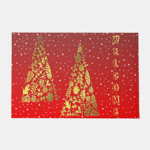 Shiny Golden Christmas Trees Holiday Doormat