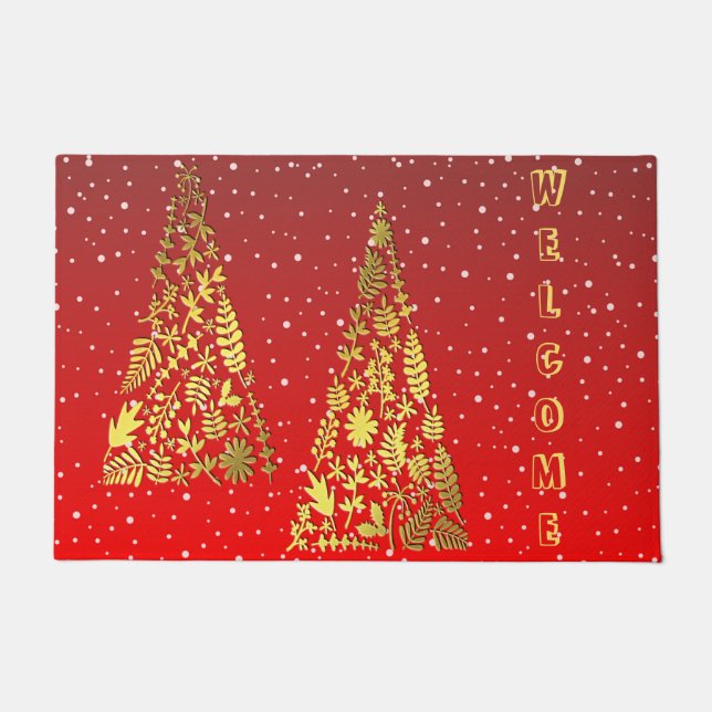 Shiny Golden Christmas Trees Holiday Doormat (Front)