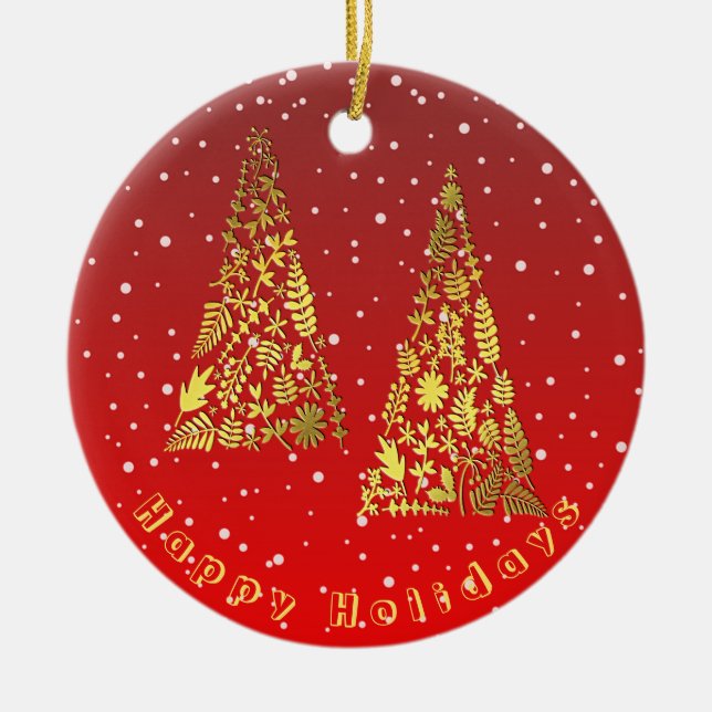 Shiny Golden Christmas Trees Holiday Ornament (Front)