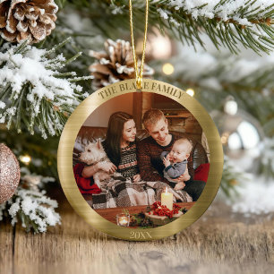 Shiny Golden Luxury Custom Family Photo Christmas Ceramic Ornament