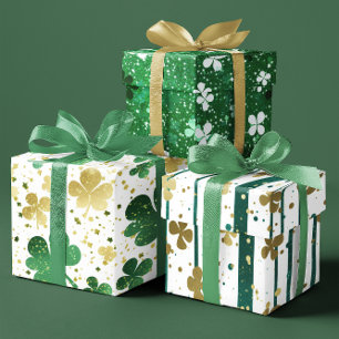 Shiny Green and Gold Shamrock Festive set of 3 Wrapping Paper Sheet