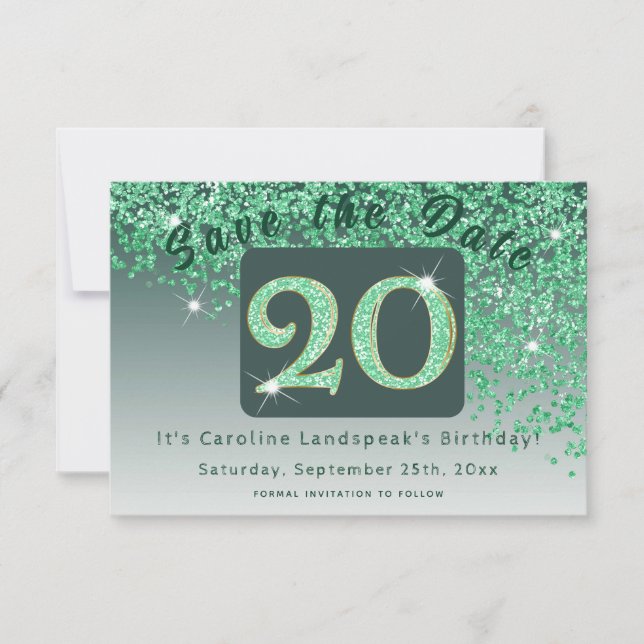 Shiny Green Glitter for 20th Birthday  Save The Date (Front)