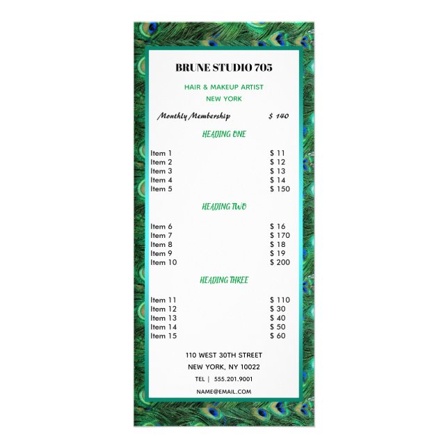 Shiny Green Peacock Feathers Price List Rack Card (Front)