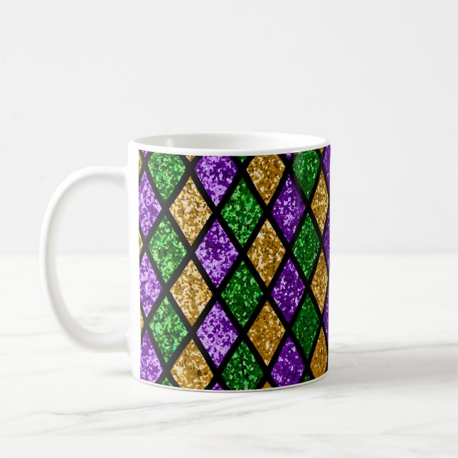 Shiny green, purple and golden glittering paillett coffee mug (Left)