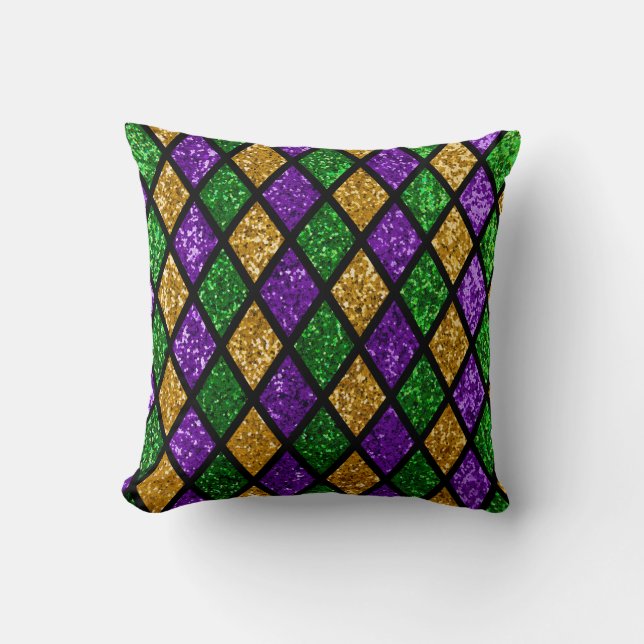 Shiny green, purple and golden glittering paillett cushion (Front)