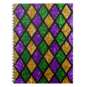 Shiny green, purple and golden glittering paillett notebook