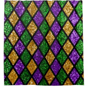 Shiny green, purple and golden glittering paillett shower curtain